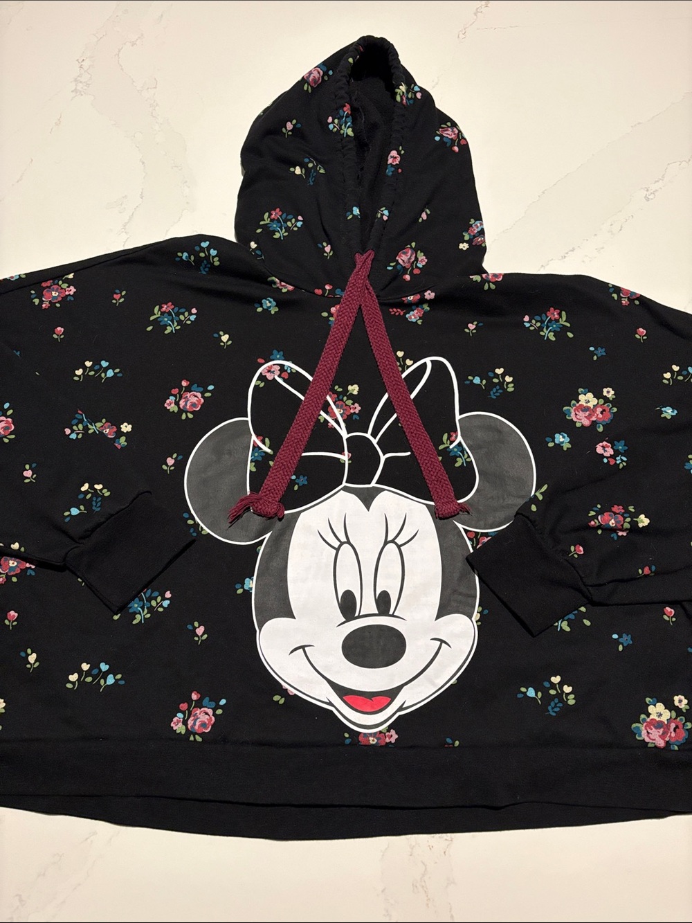 Disney Black Minnie Mouse Boxy Short Floral Hoodie with Drawstrings Plus size 3X
